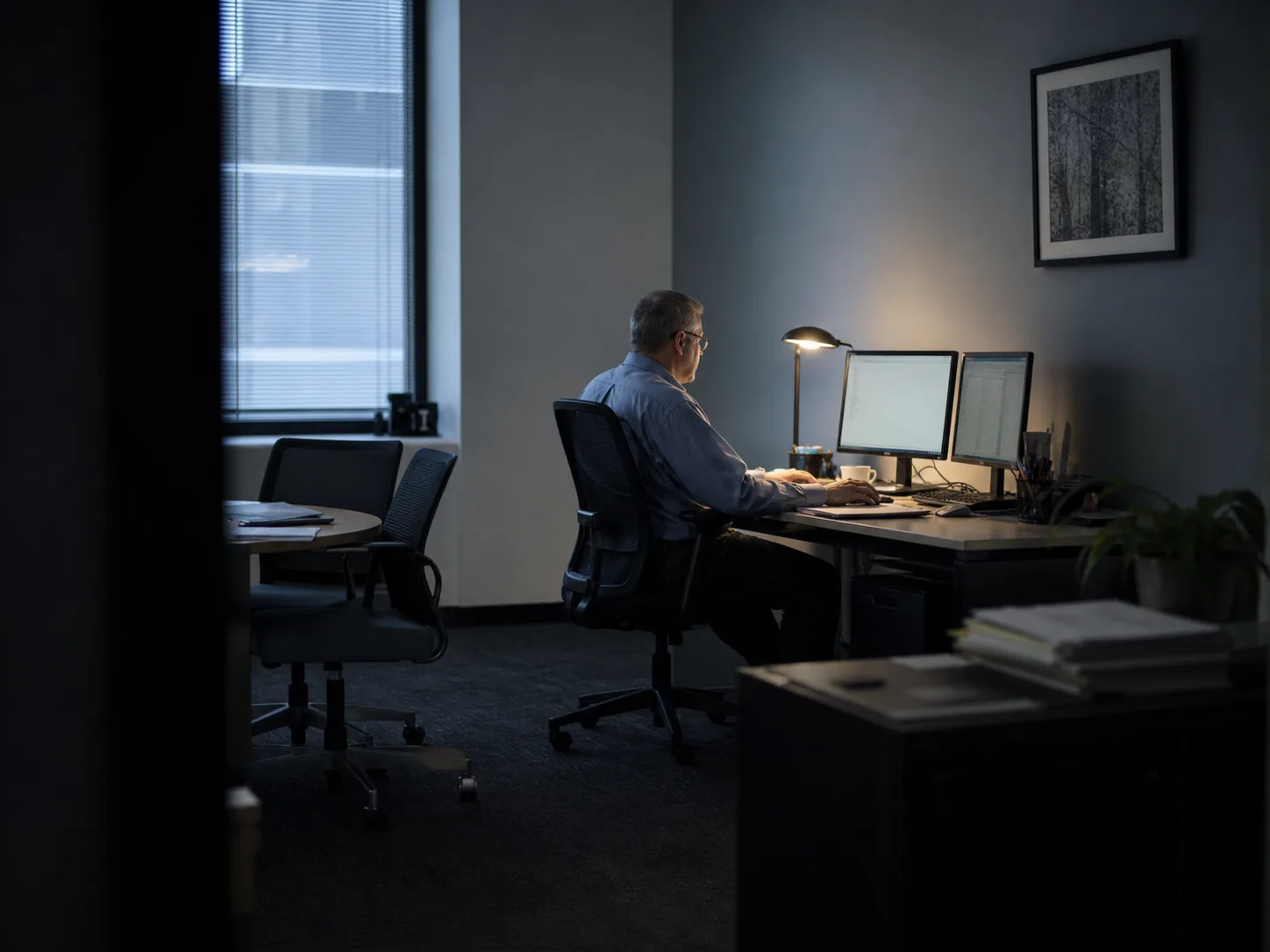 Two colleagues working a problem in a dim office at dusk — one seated at a desk listening, the other standing by the window, mid-explanation